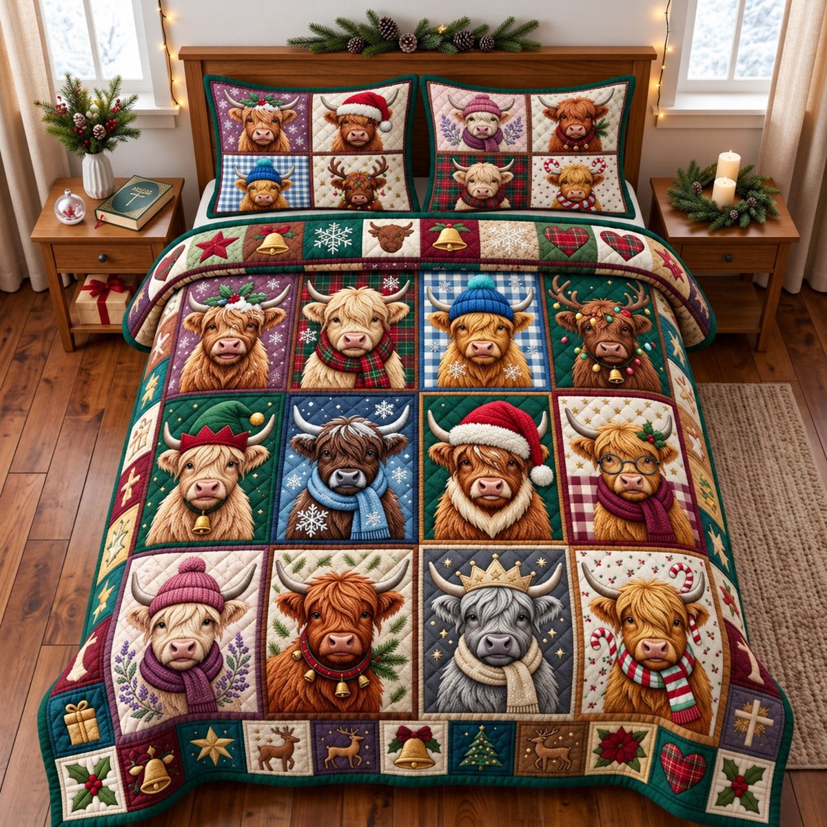 Highland Patchwork 3 Piece Quilted Bedding Set Gift For Cow Lovers
