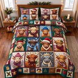 Highland Patchwork 3 Piece Quilted Bedding Set Gift For Cow Lovers