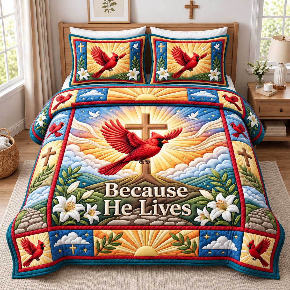 Christian Cardinal 3 Piece Quilted Bedding Set Gift For Bird Lovers