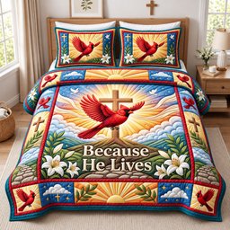 Christian Cardinal 3 Piece Quilted Bedding Set Gift For Bird Lovers