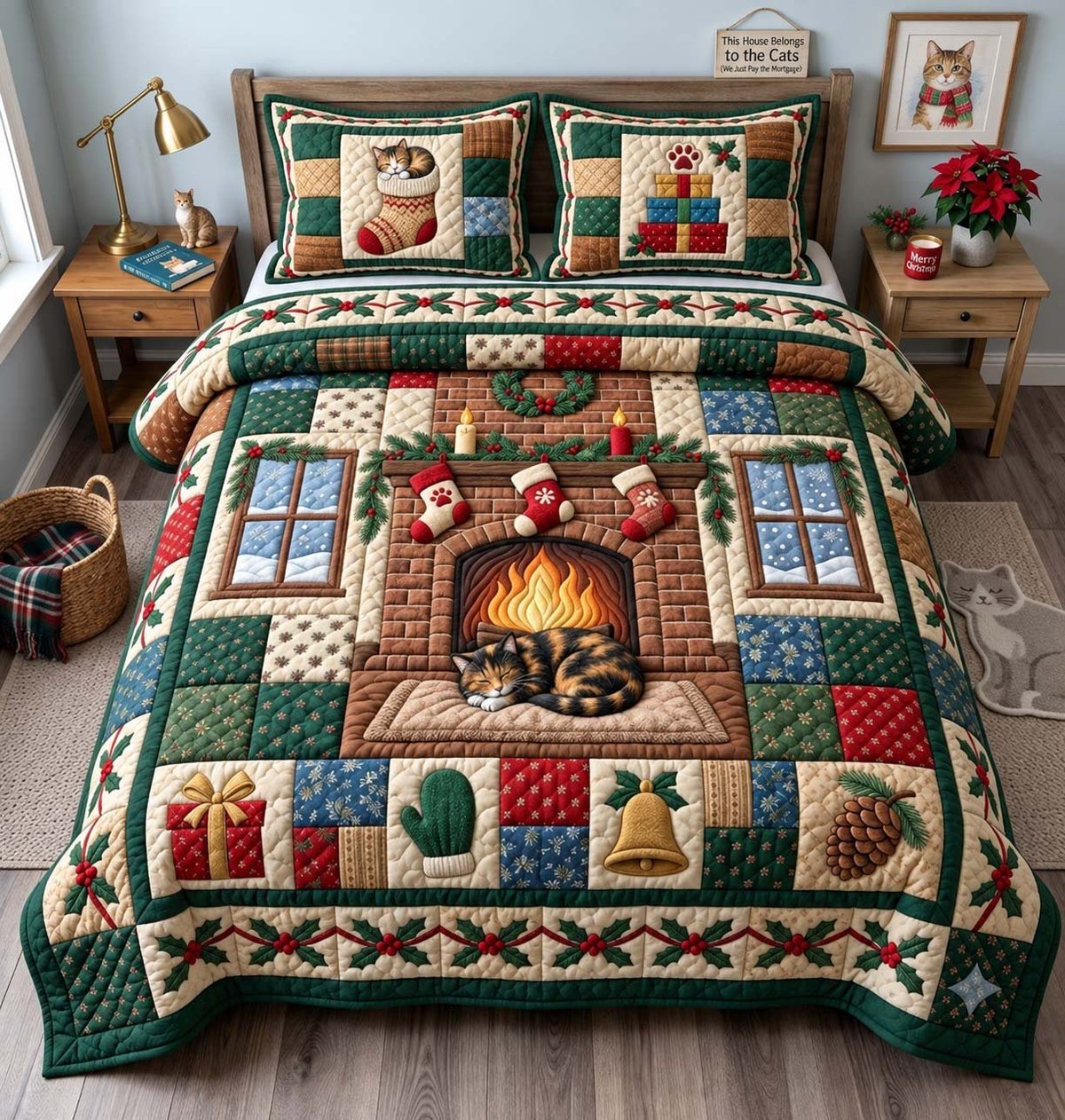Festive Cat 3 Piece Quilted Bedding Set Christmas Gift For Cat Lovers