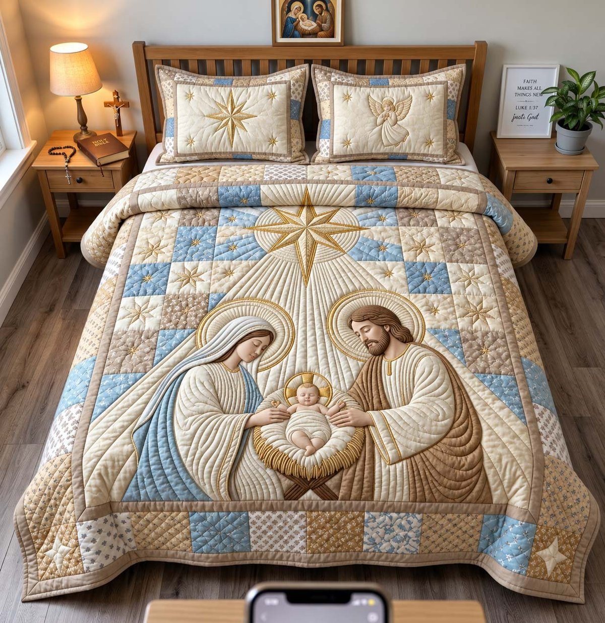 Star of Bethlehem Christian 3 Piece Quilted Bedding Set Gift For Christians