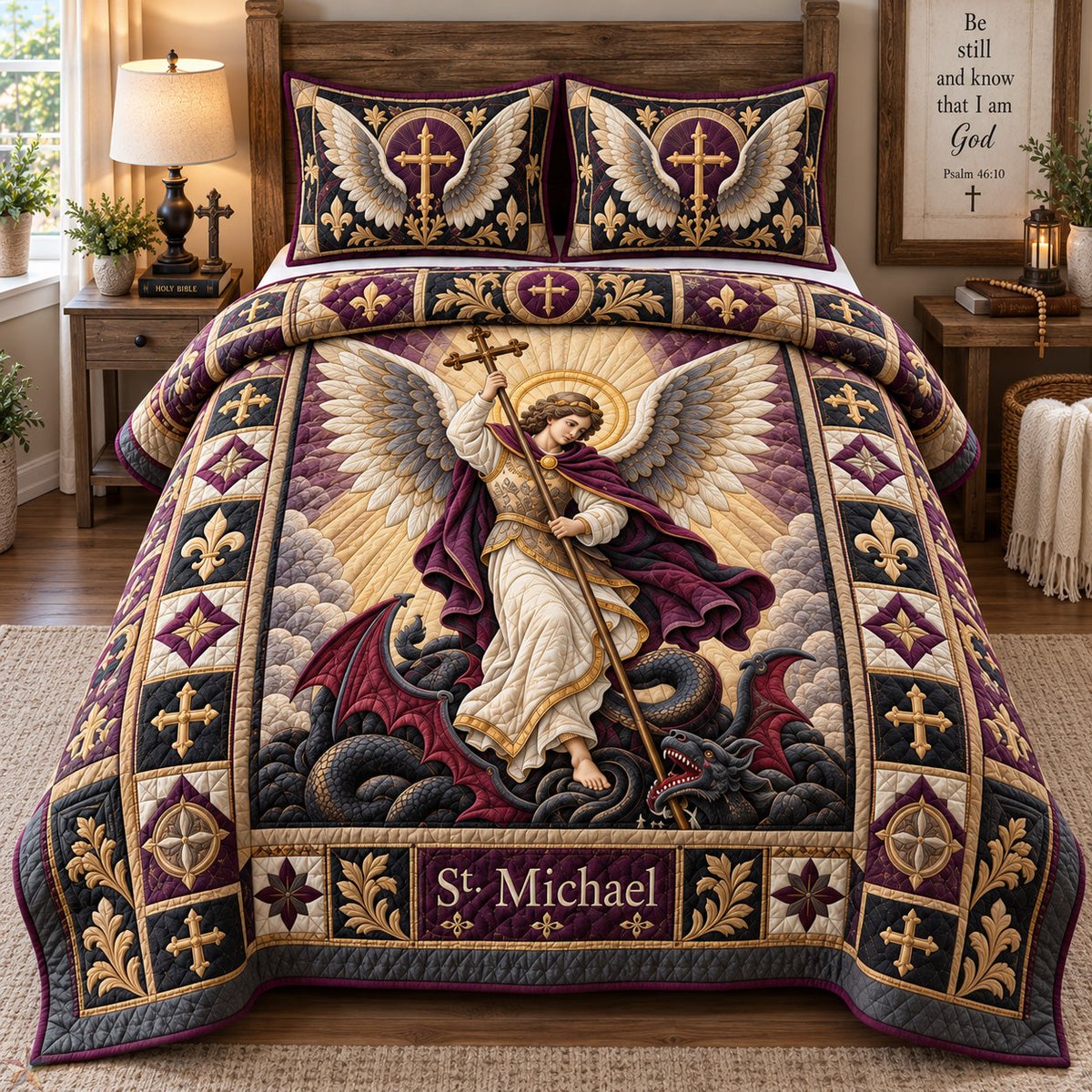 Saint Michael Heavenly Protector 3 Piece Quilted Bedding Set Gift For Christians
