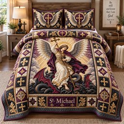 Saint Michael Heavenly Protector 3 Piece Quilted Bedding Set Gift For Christians