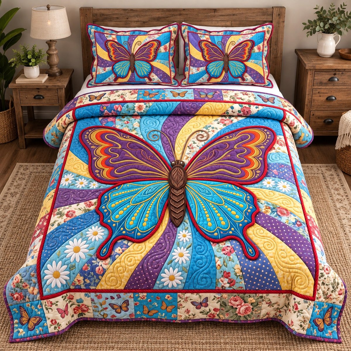Patchwork Butterfly 3 Piece Quilted Bedding Set Gift For Butterfly Lovers