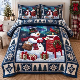 Snowman Mailbox 3 Piece Quilted Bedding Set Gift For Holiday Decor Lovers
