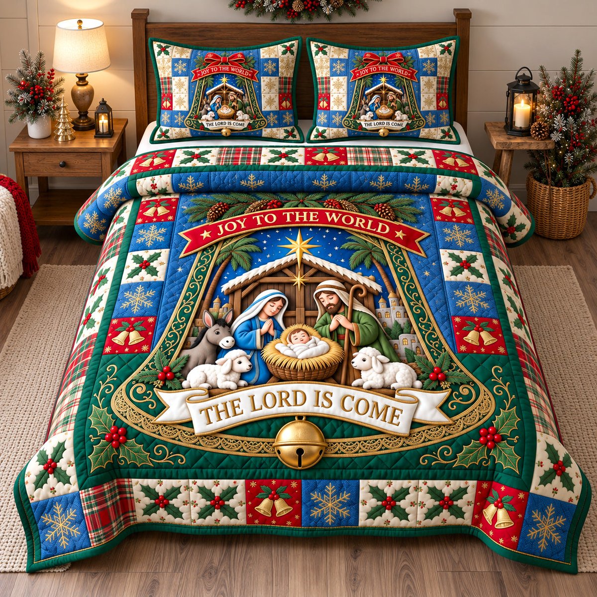 Joyful Nativity 3 Piece Quilted Bedding Set Gift For Christians