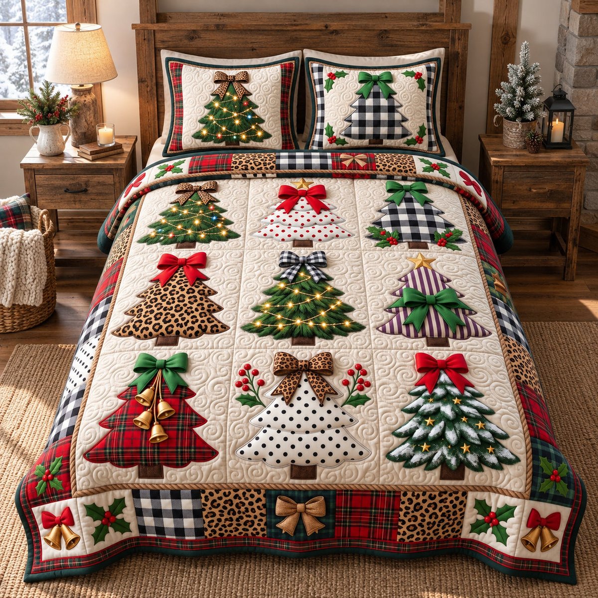 Patchwork Trees 3 Piece Quilted Bedding Set Christmas Gift For Holiday Decor Lovers