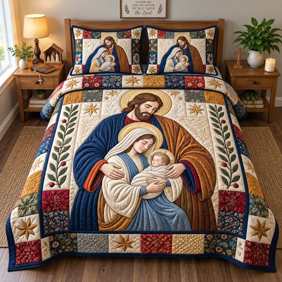 Holy Family Christian 3 Piece Quilted Bedding Set Christmas Gift For Holiday Decor Lovers