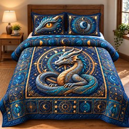 Celestial Dragon Zodiac 3 Piece Quilted Bedding Set Gift For Fantasy Lovers