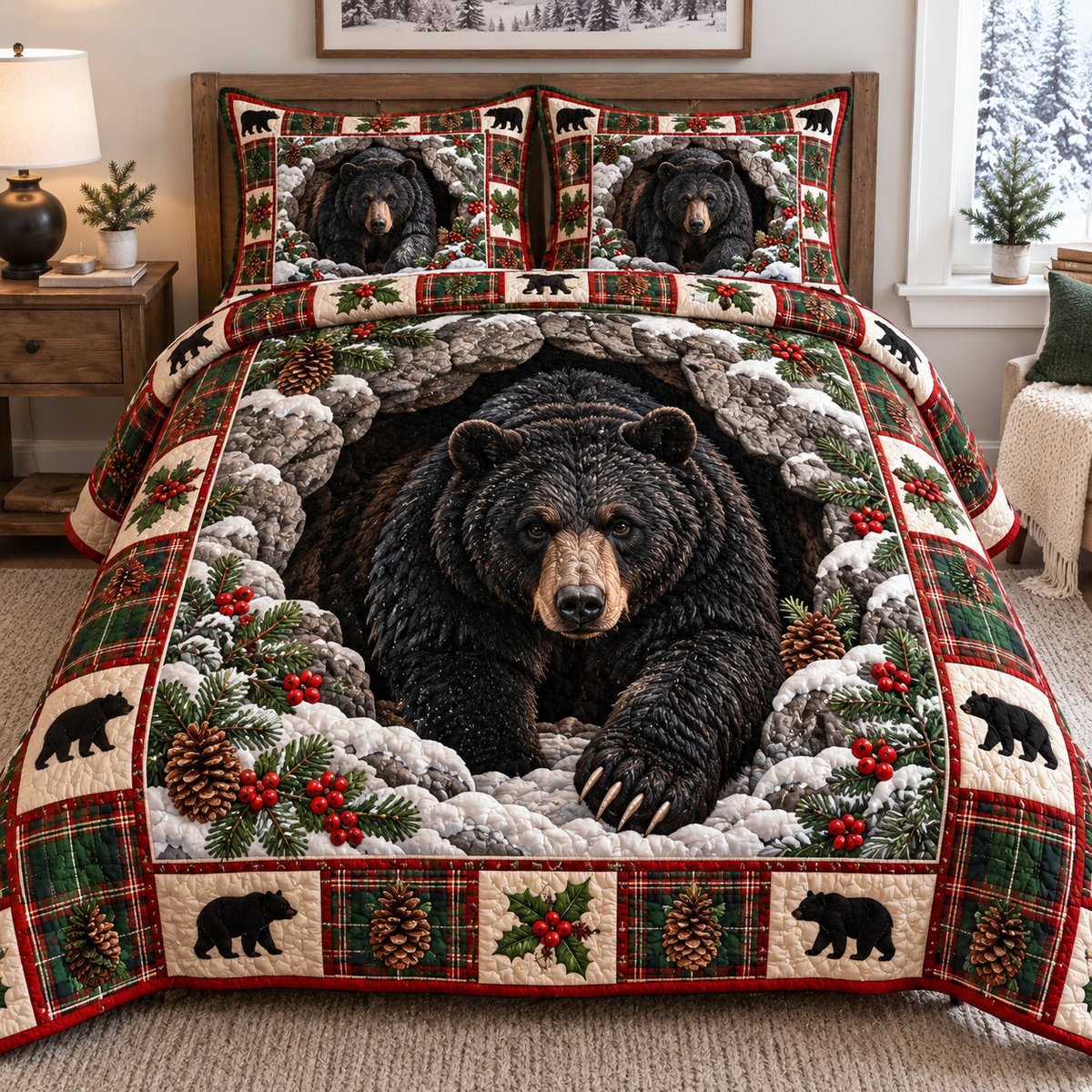 Snowy Bear Cave 3 Piece Quilted Bedding Set Gift For Bear Lovers