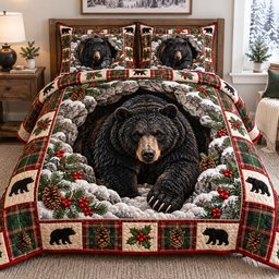 Snowy Bear Cave 3 Piece Quilted Bedding Set Gift For Bear Lovers