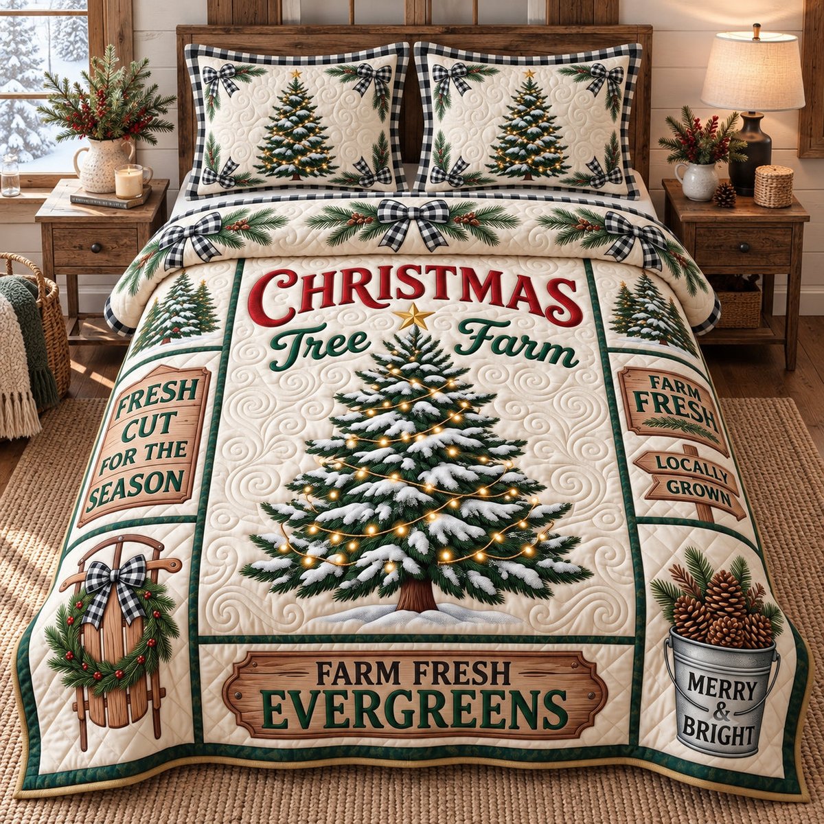 Tree Farm 3 Piece Quilted Bedding Set Christmas Gift For Farmhouse Decor Lovers