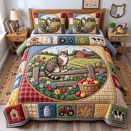 Farmhouse Cat 3 Piece Quilted Bedding Set Gift For Cat Lovers