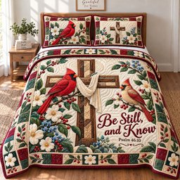 Cardinals Cross Christian 3 Piece Quilted Bedding Set Gift For Christians