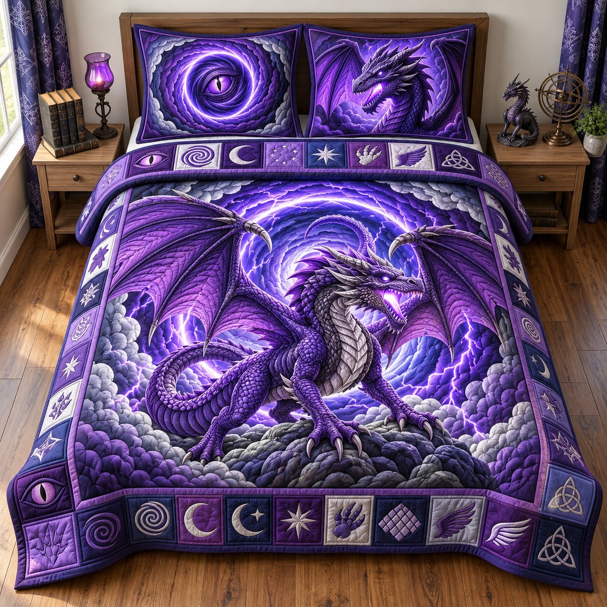 Thunder King Dragon 3 Piece Quilted Bedding Set Gift For Fantasy Lovers