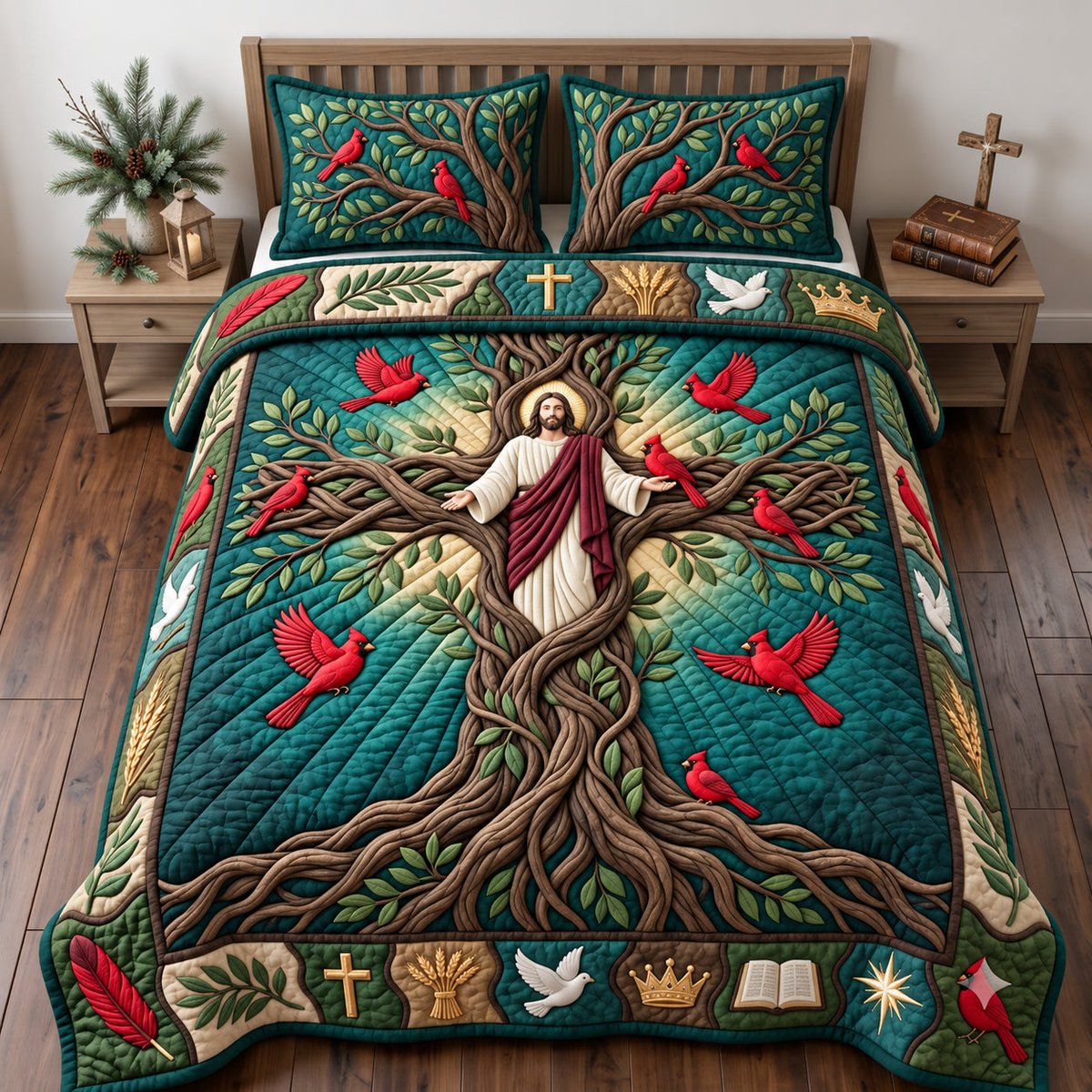Cardinal Forest Cross 3 Piece Quilted Bedding Set Gift For Bird Lovers