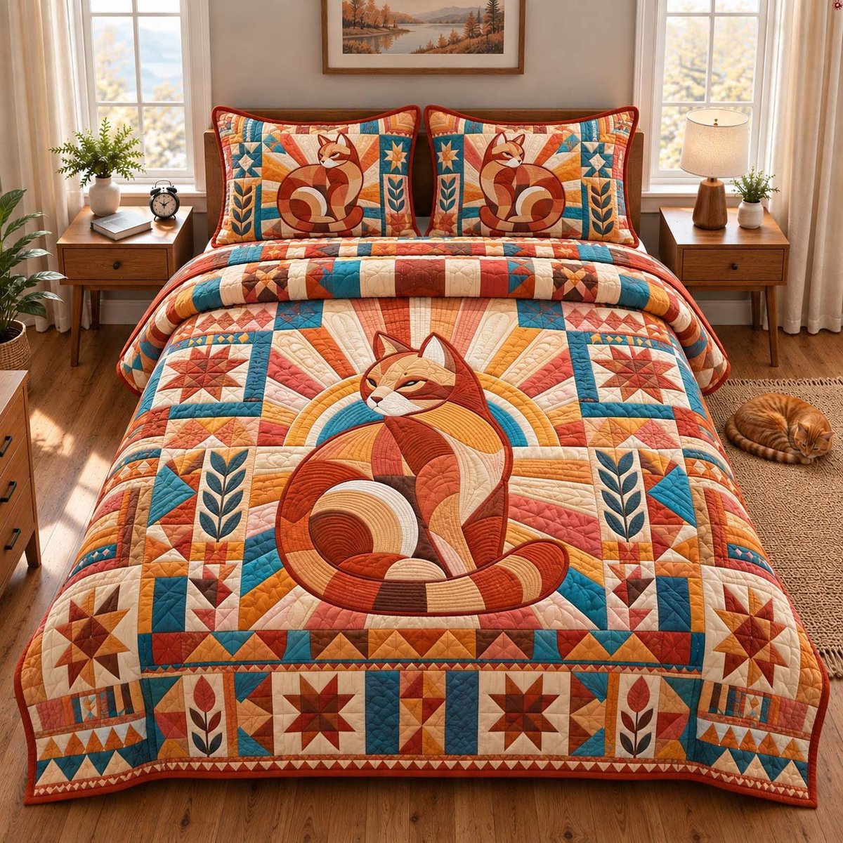 Boho Cat 3 Piece Quilted Bedding Set Gift For Cat Lovers
