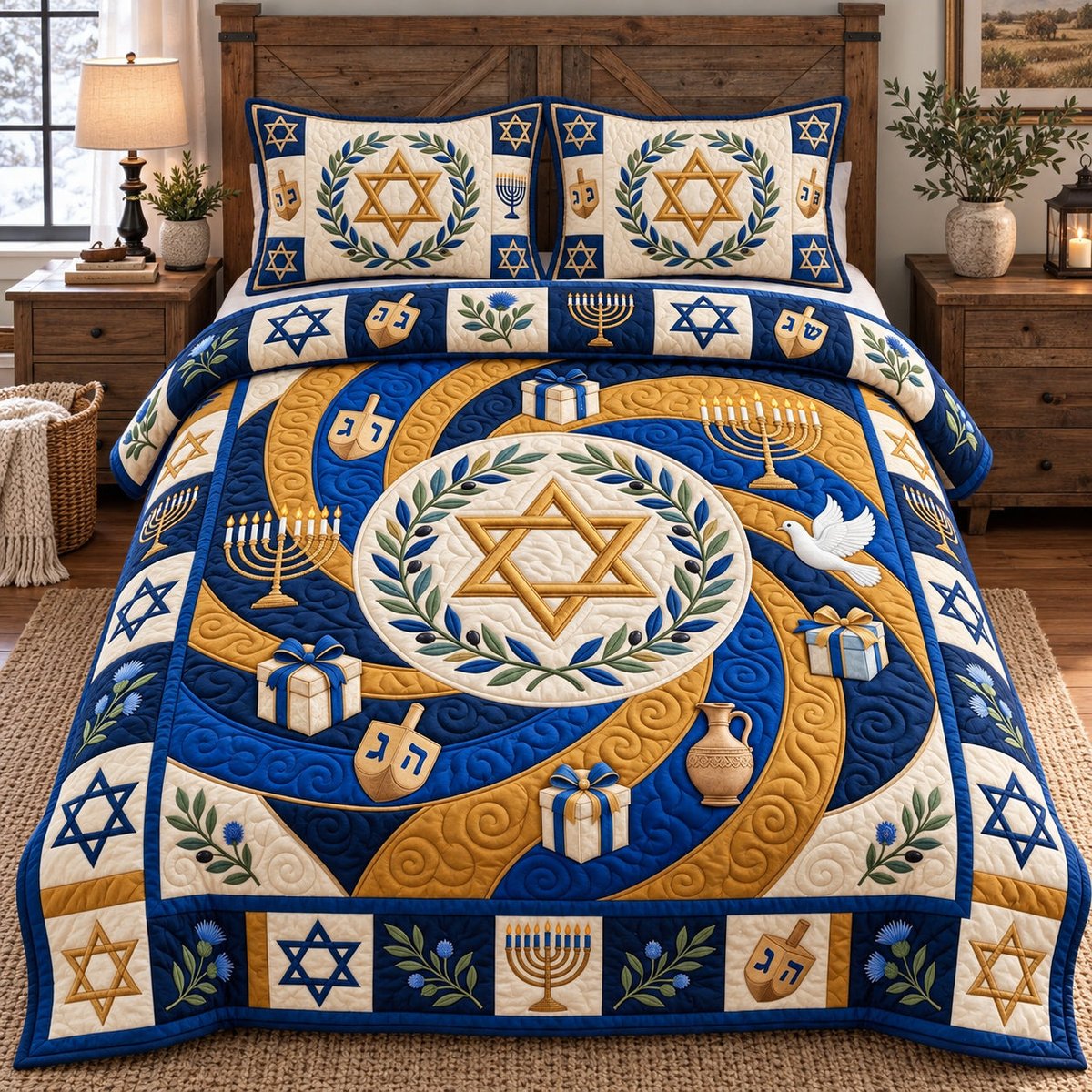 Golden Star Swirl 3 Piece Quilted Bedding Set Gift For Home Decor Lovers
