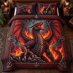 Inferno Dragon 3 Piece Quilted Bedding Set Gift For Fantasy Lovers