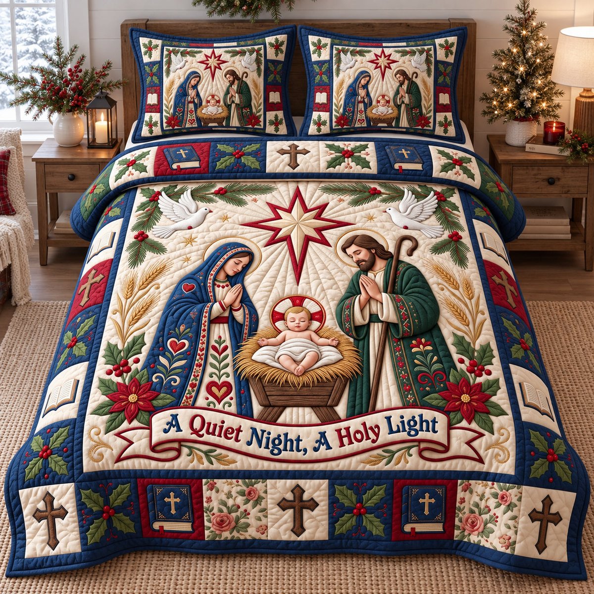 Holy Light Nativity Christian 3 Piece Quilted Bedding Set Gift For Christians