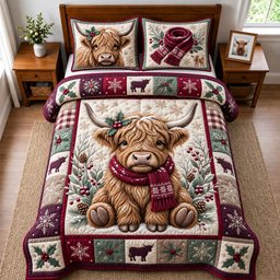 Winter Highland 3 Piece Quilted Bedding Set Christmas Gift For Cow Lovers