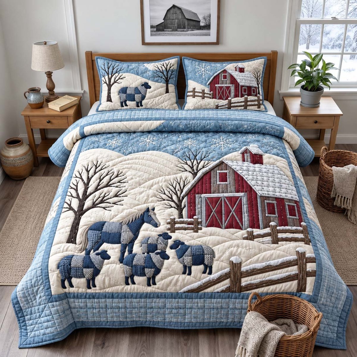 Winter Sheep Farm 3 Piece Quilted Bedding Set Gift For Farmhouse Decor Lovers
