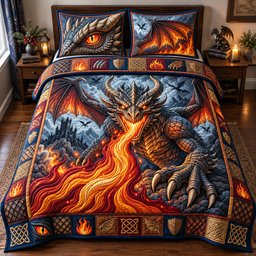 Inferno Dragon 3 Piece Quilted Bedding Set Gift For Fantasy Lovers