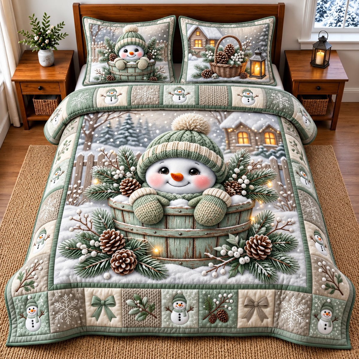 Winter Snowman 3 Piece Quilted Bedding Set Christmas Gift For Holiday Decor Lovers