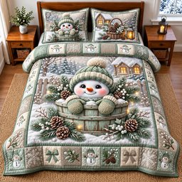 Winter Snowman 3 Piece Quilted Bedding Set Christmas Gift For Holiday Decor Lovers