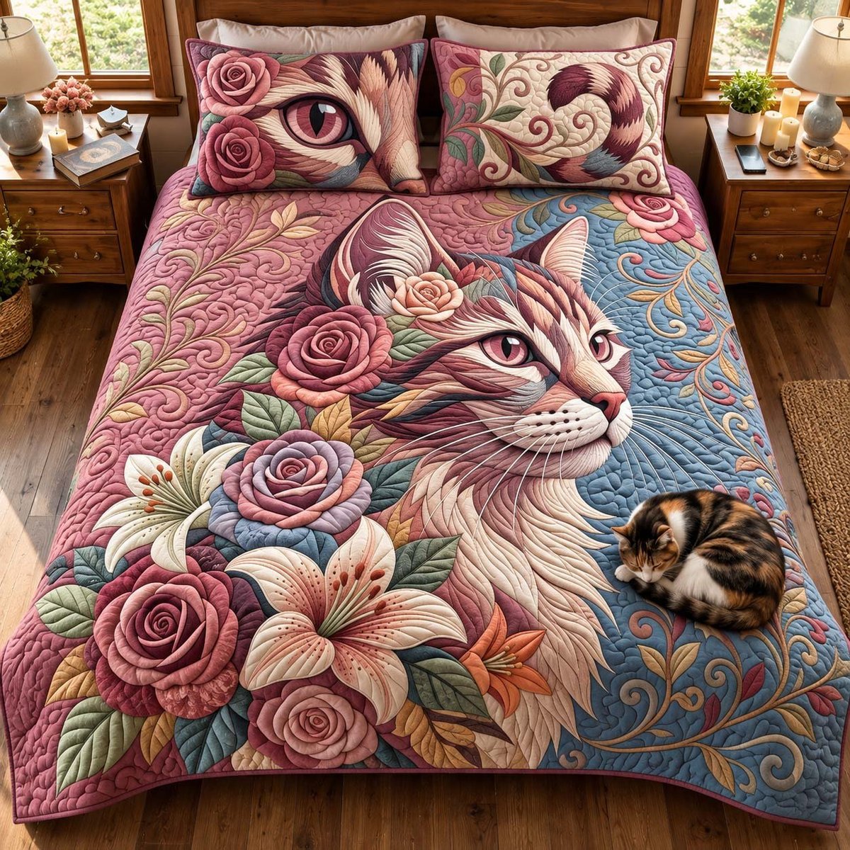 Floral Cat 3 Piece Quilted Bedding Set Gift For Cat Lovers
