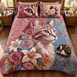 Floral Cat 3 Piece Quilted Bedding Set Gift For Cat Lovers