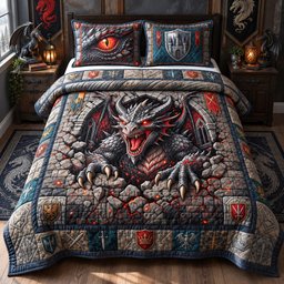 Castle Breaker Dragon 3 Piece Quilted Bedding Set Gift For Fantasy Lovers