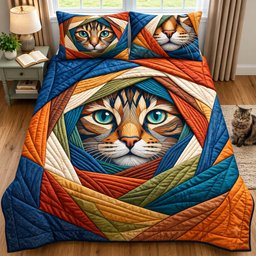Boho Tabby Cat 3 Piece Quilted Bedding Set Gift For Cat Lovers