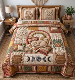Boho Cat 3 Piece Quilted Bedding Set Gift For Cat Lovers