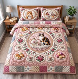 Tea Time Cat 3 Piece Quilted Bedding Set Gift For Cat Lovers