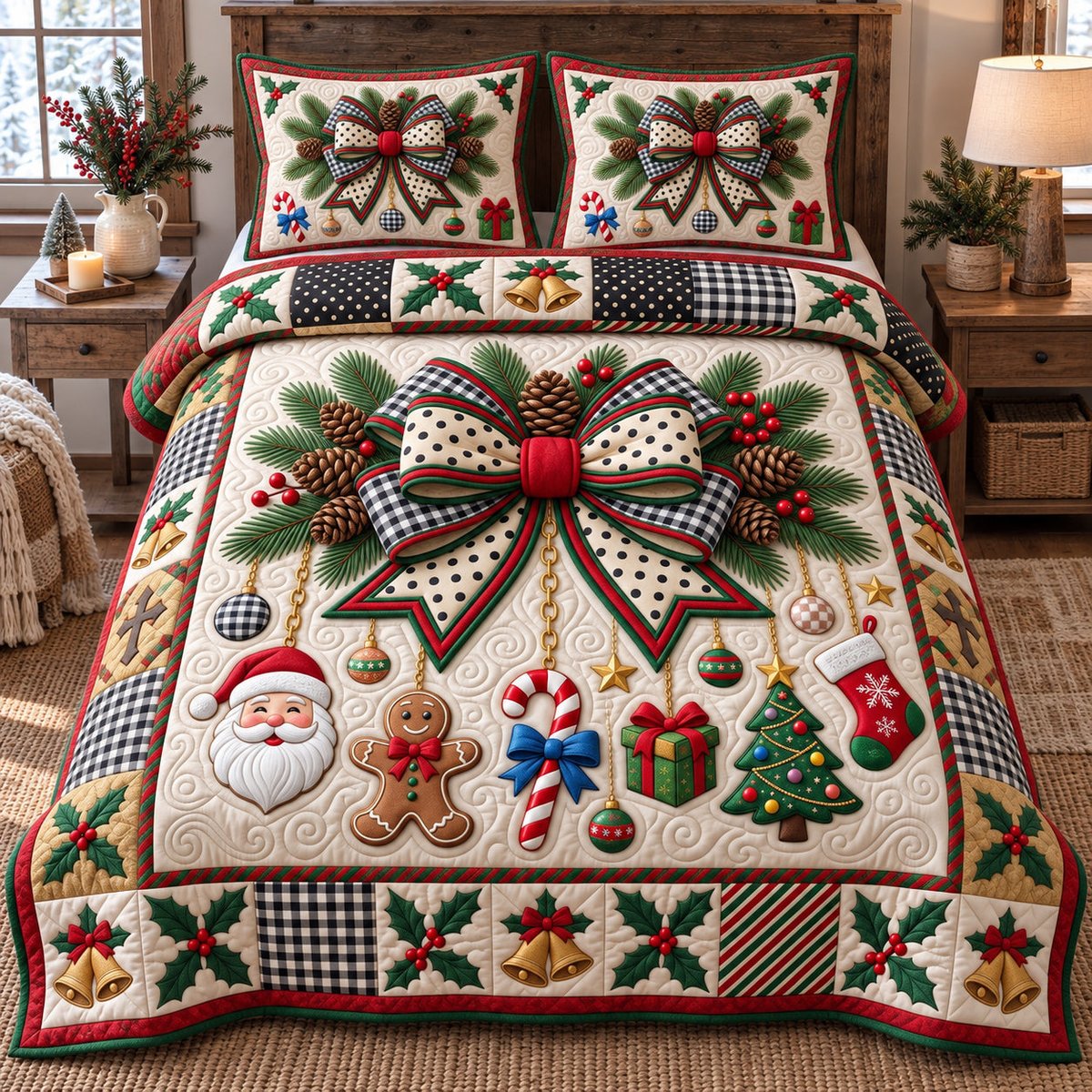 Giant Bow 3 Piece Quilted Bedding Set Christmas Gift For Holiday Decor Lovers