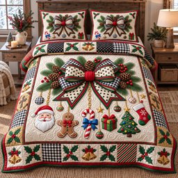 Giant Bow 3 Piece Quilted Bedding Set Christmas Gift For Holiday Decor Lovers