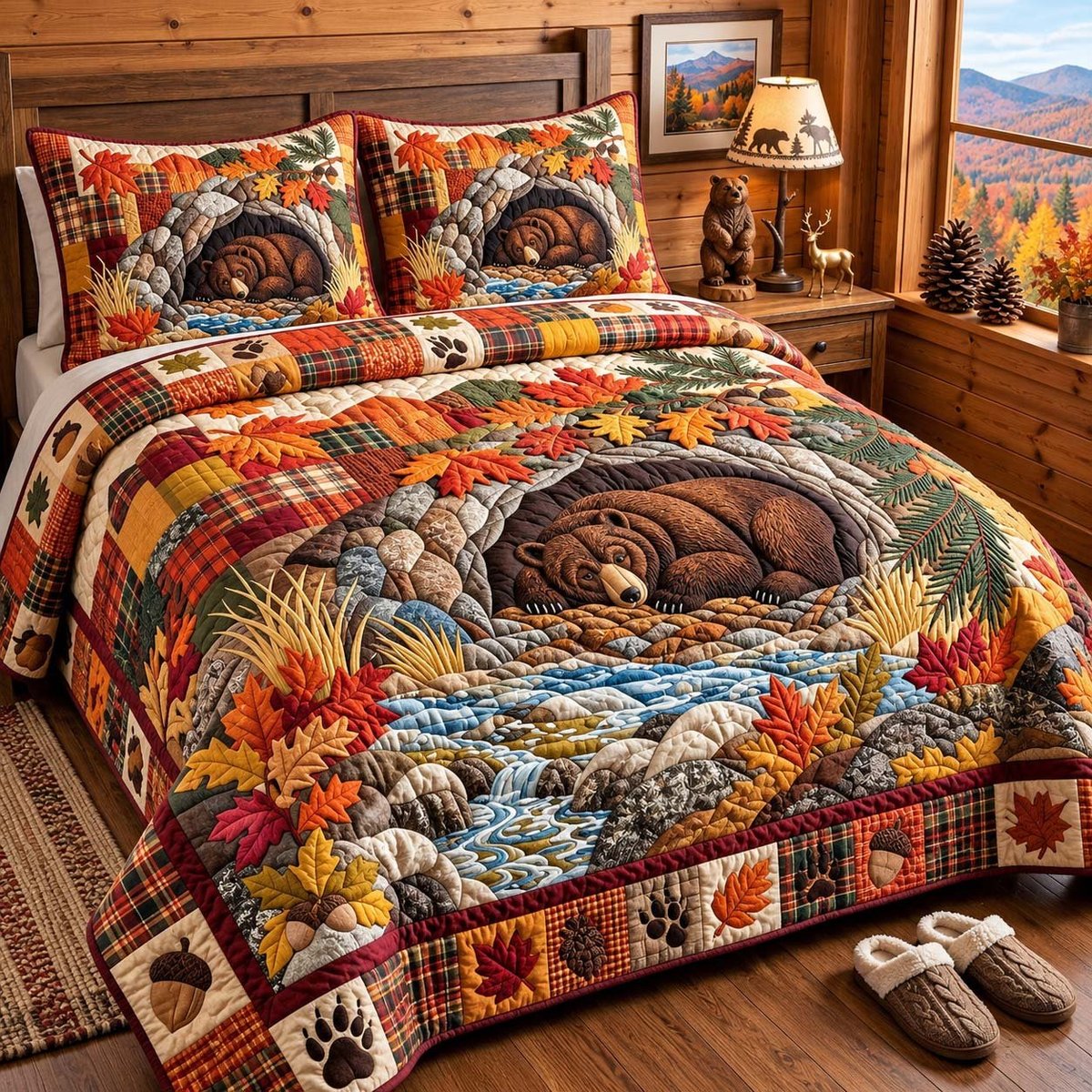 Autumn Bear Cave 3 Piece Quilted Bedding Set Gift For Bear Lovers
