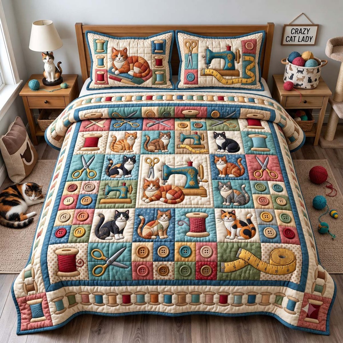 Sewing Cat 3 Piece Quilted Bedding Set Gift For Cat Lovers