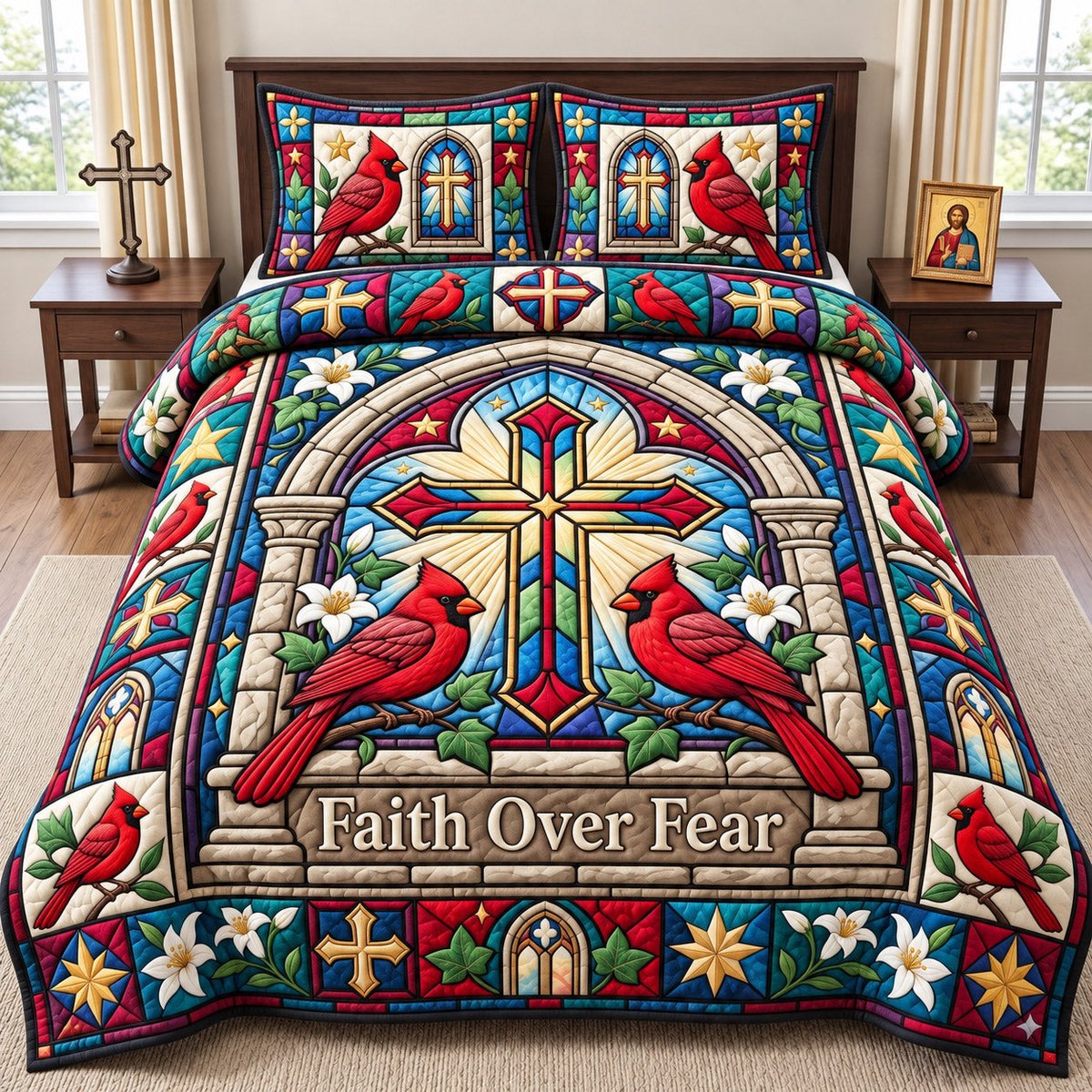 Christian Cardinal 3 Piece Quilted Bedding Set Gift For Bird Lovers