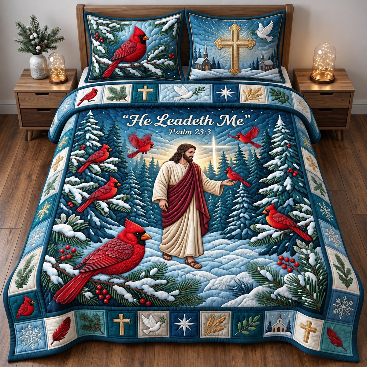 He Leadeth Me Cardinal 3 Piece Quilted Bedding Set Gift For Bird Lovers