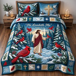 He Leadeth Me Cardinal 3 Piece Quilted Bedding Set Gift For Bird Lovers