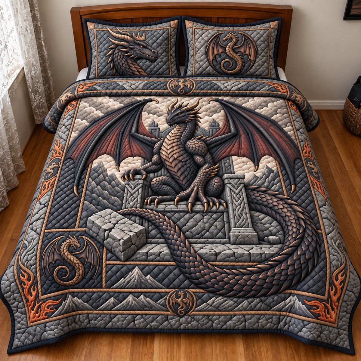 Dragon Throne 3 Piece Quilted Bedding Set Gift For Fantasy Lovers
