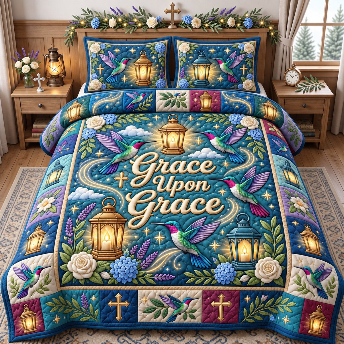 Christian Hummingbird 3 Piece Quilted Bedding Set Gift For Bird Lovers