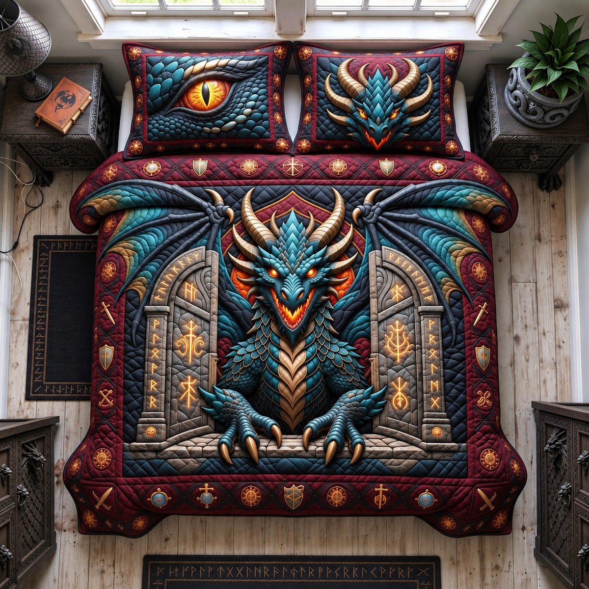 Rune Gate Dragon 3 Piece Quilted Bedding Set Gift For Fantasy Lovers