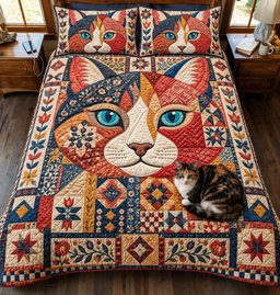 Patchwork Cat 3 Piece Quilted Bedding Set Gift For Cat Lovers