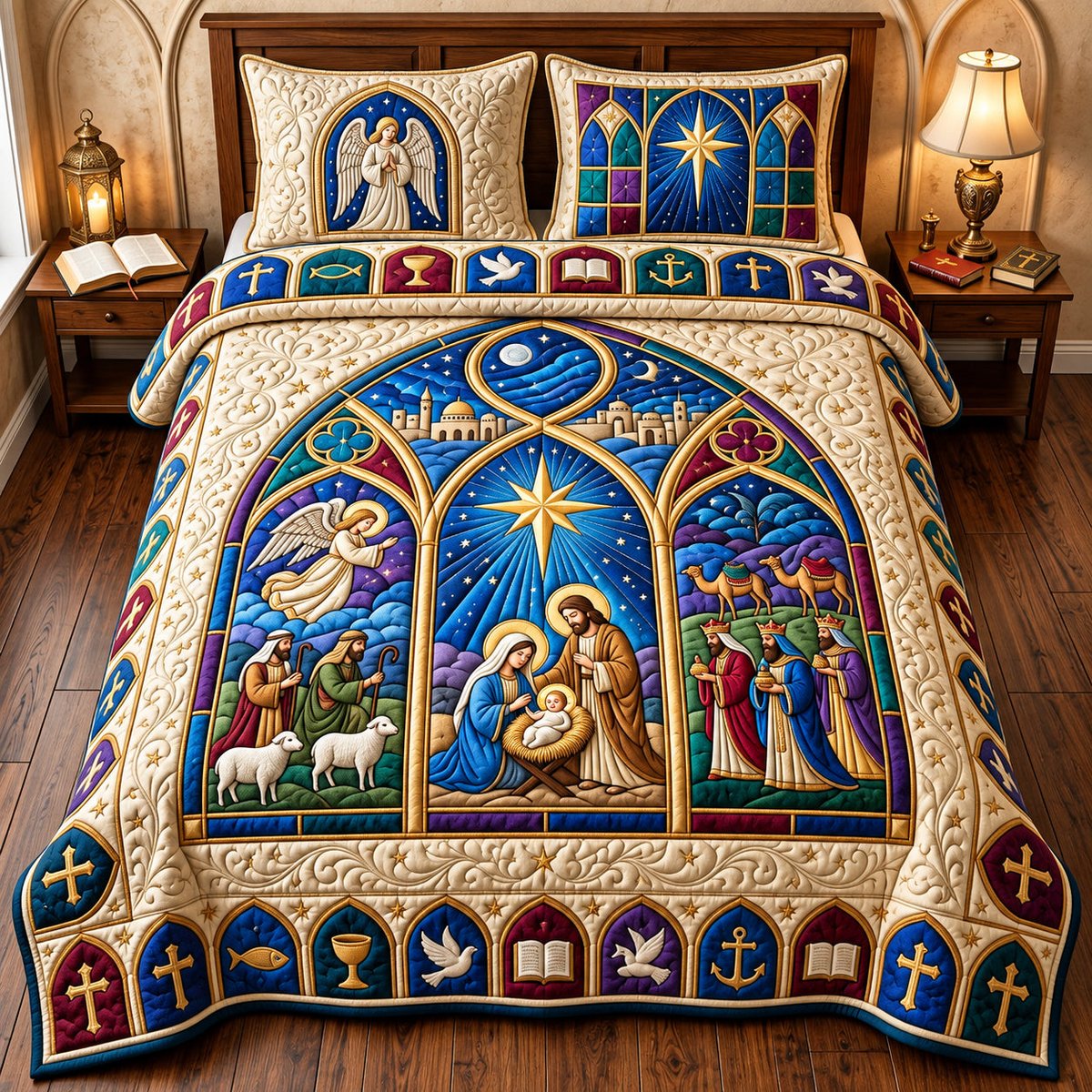 Nativity Cathedral Window Cardinal 3 Piece Quilted Bedding Set Gift For Christians