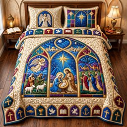 Nativity Cathedral Window Cardinal 3 Piece Quilted Bedding Set Gift For Christians