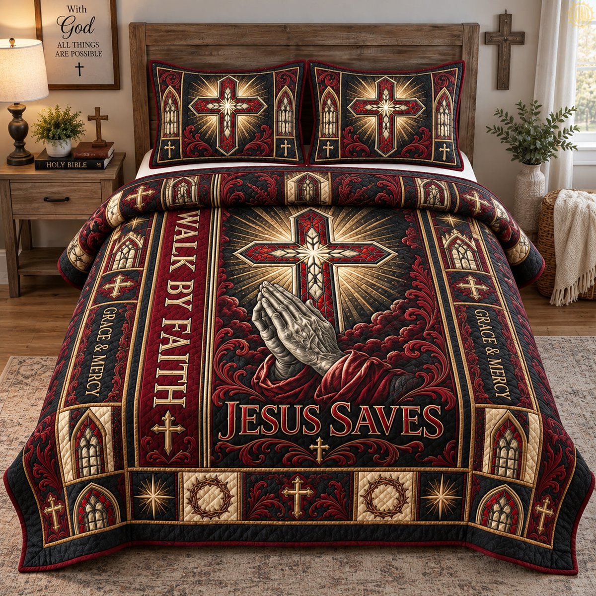 Jesus Saves Faith 3 Piece Quilted Bedding Set Gift For Christians